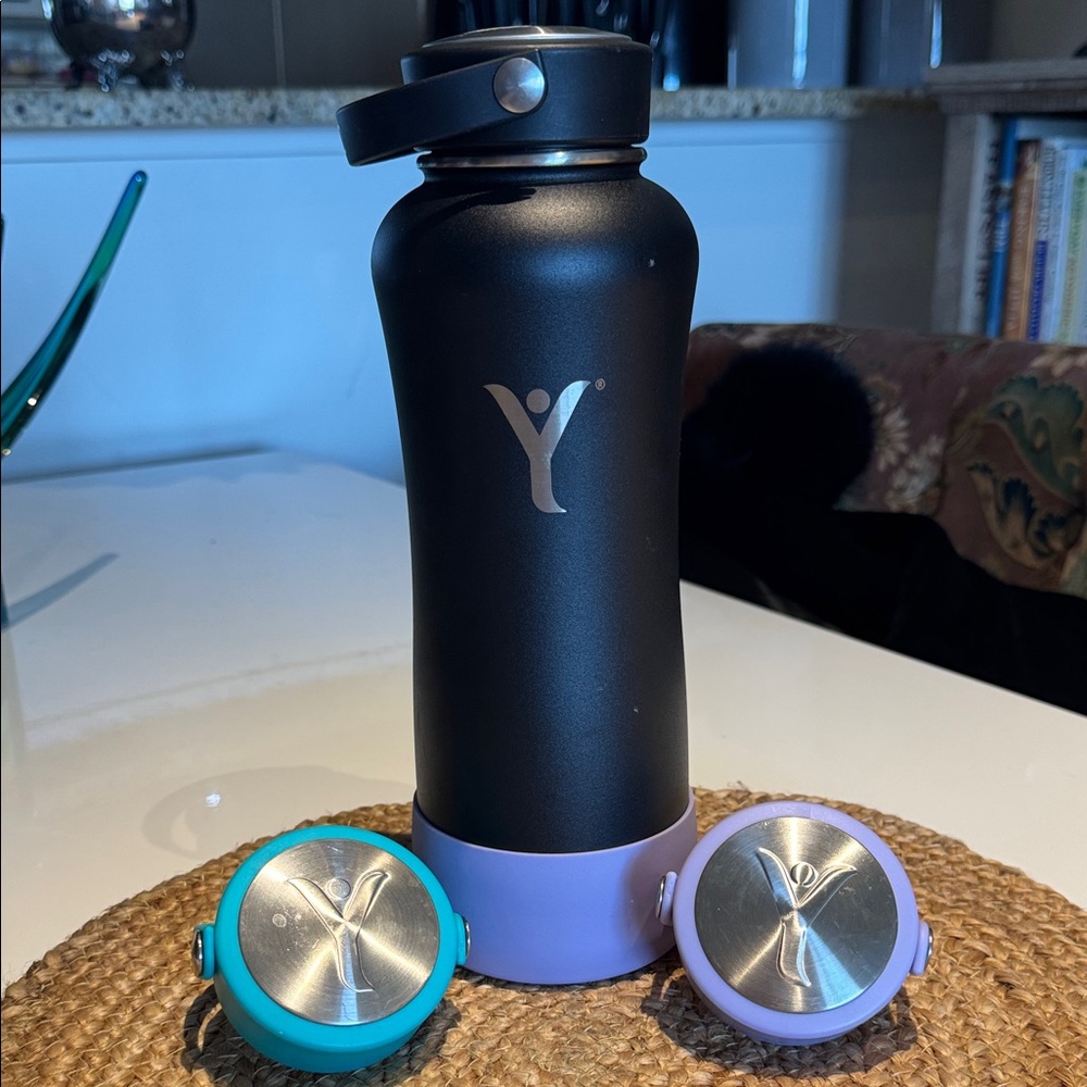 DYLN 40oz Alkaline, Black Water Bottle with Purple and Teal Lids